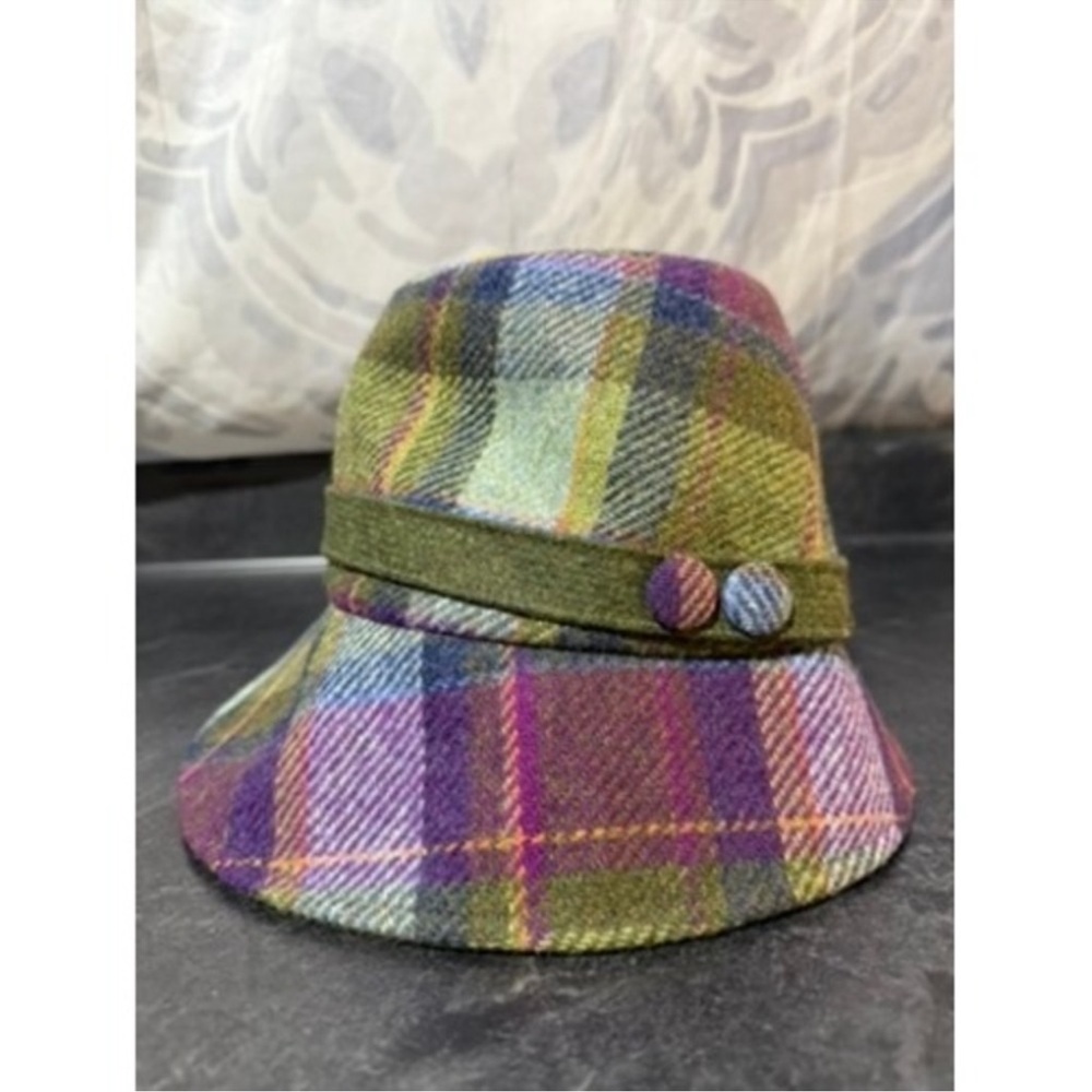 Plaid Wool Blend Bucket Hat in Green and Purple - Picture 2 of 9